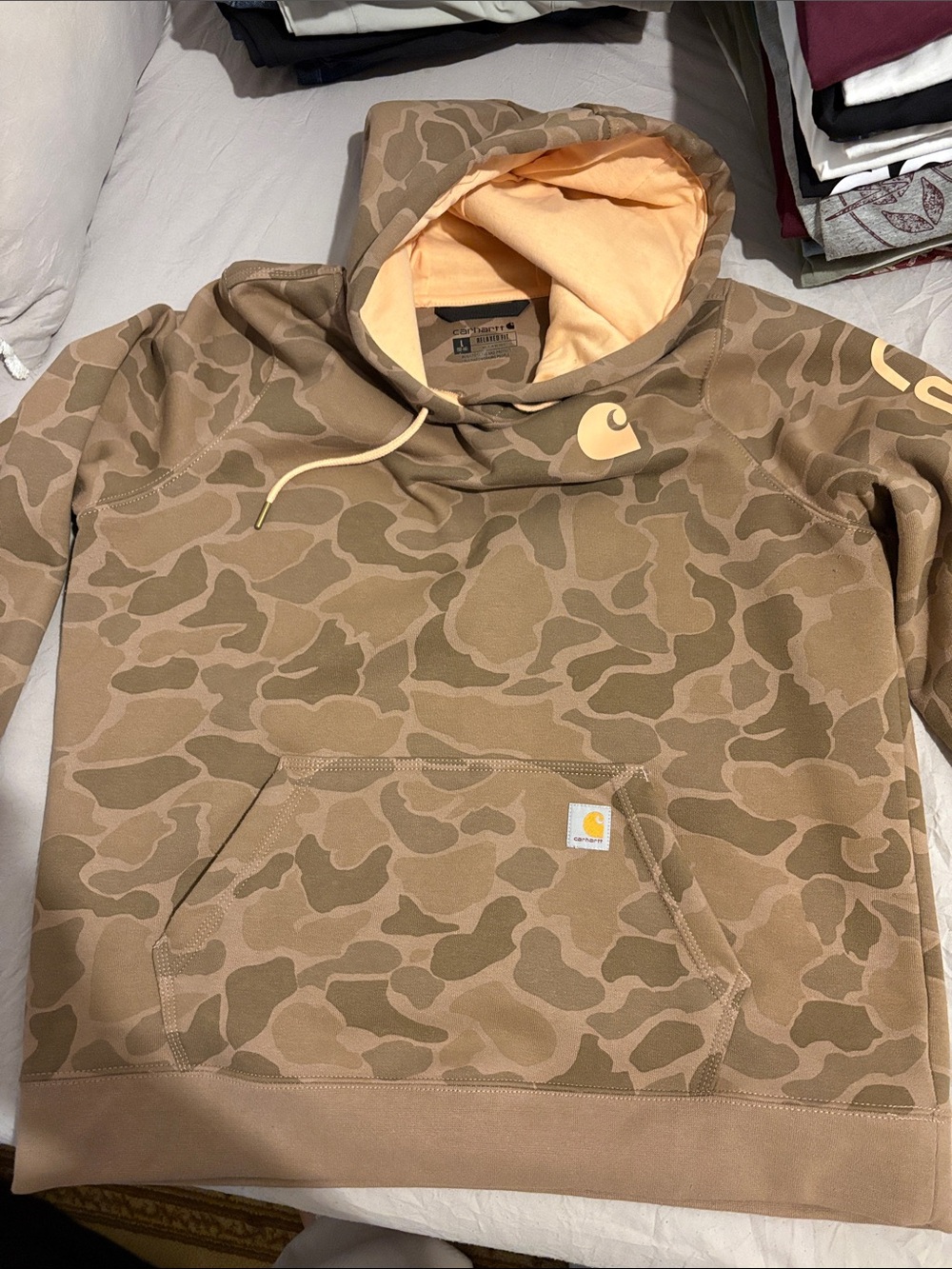 Carhartt Men's Tan Camo Crewneck Hoodie with Pale Yellow Lining